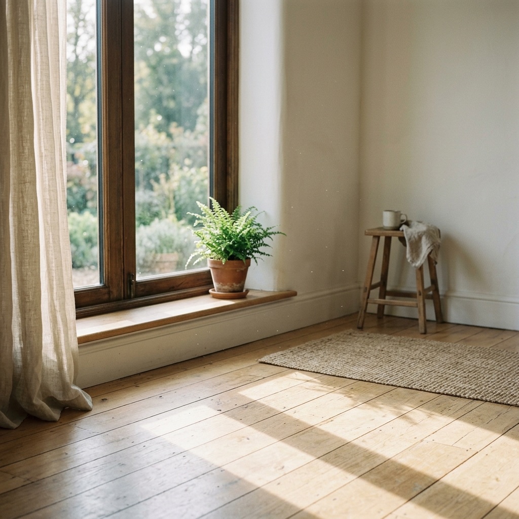 Soft morning light through a tall, spotless window onto a hardwood floor