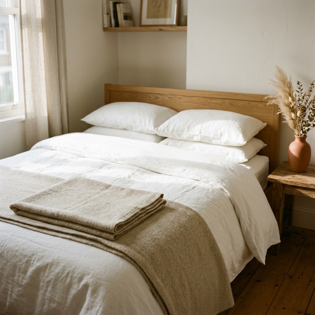 A neatly made bed with a folded linen throw, bathed in soft morning light