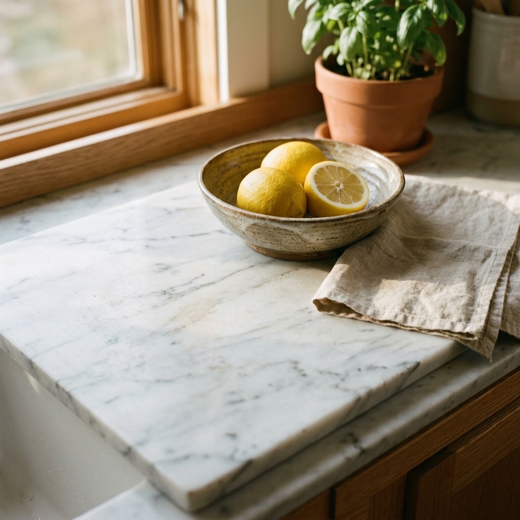 A polished marble countertop with subtle grey veining, catching warm light