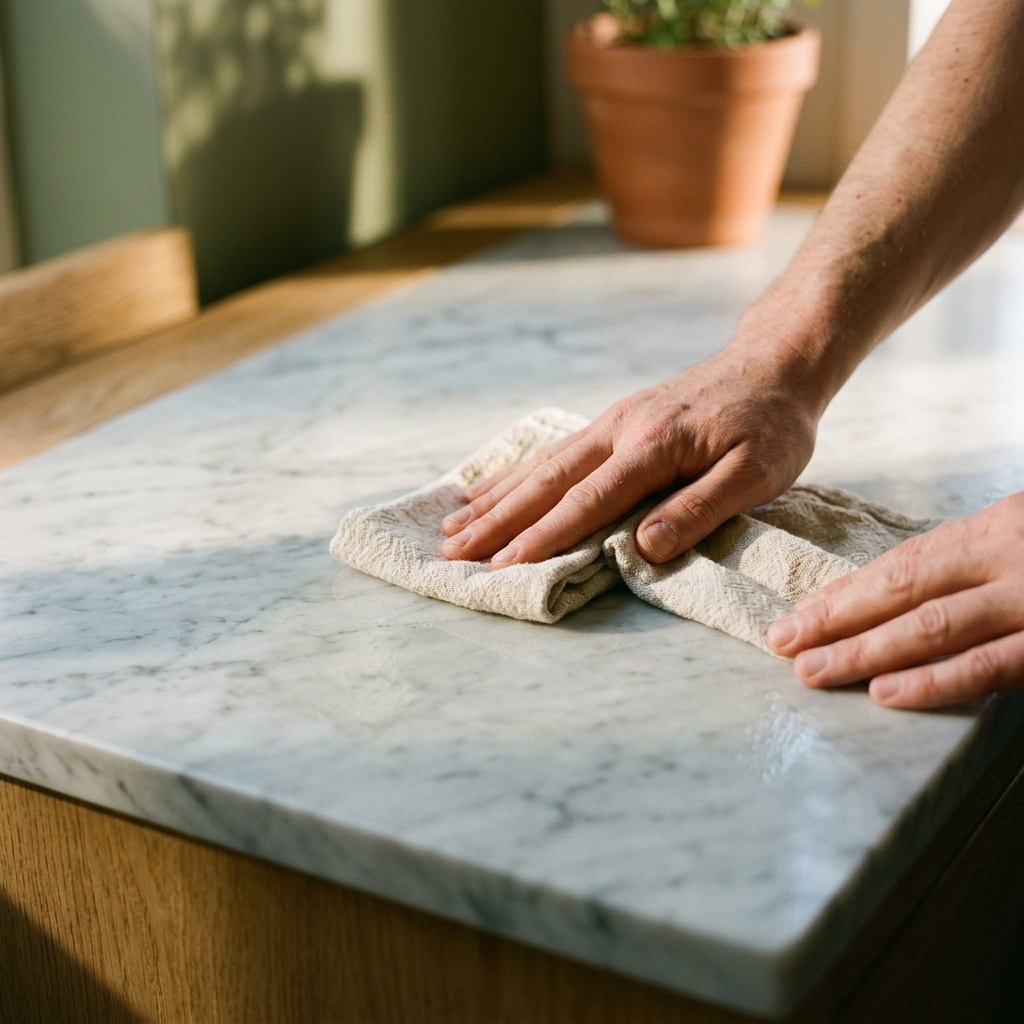 A cleaner's hands carefully wiping down a sunlit marble countertop with a cloth