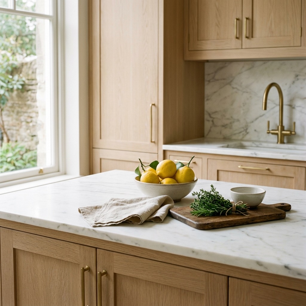A serene kitchen with marble countertops and morning light through the window