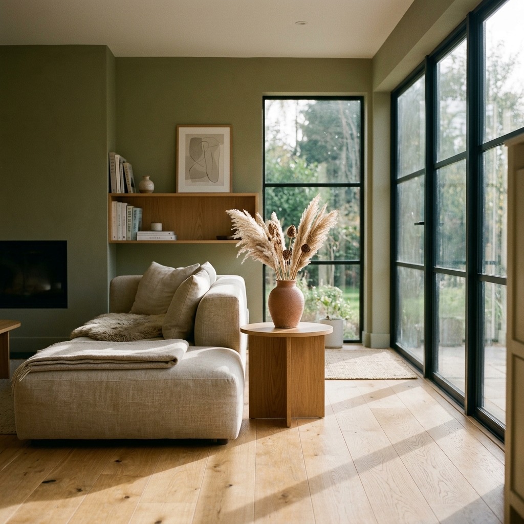 Sunlight falling across a meticulously kept living room with linen sofa and oak floors