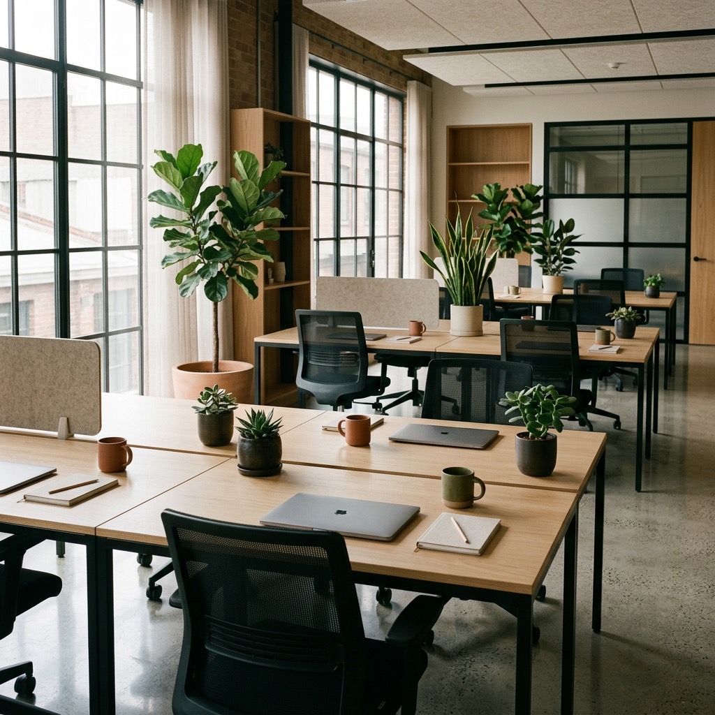 A tidy, sunlit open-plan office with clean desks and polished concrete floors